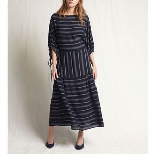 WARM Gypsy Midi Dress Womens XS Navy Striped Boat Neck Ruched Sleeve Wool Blend
